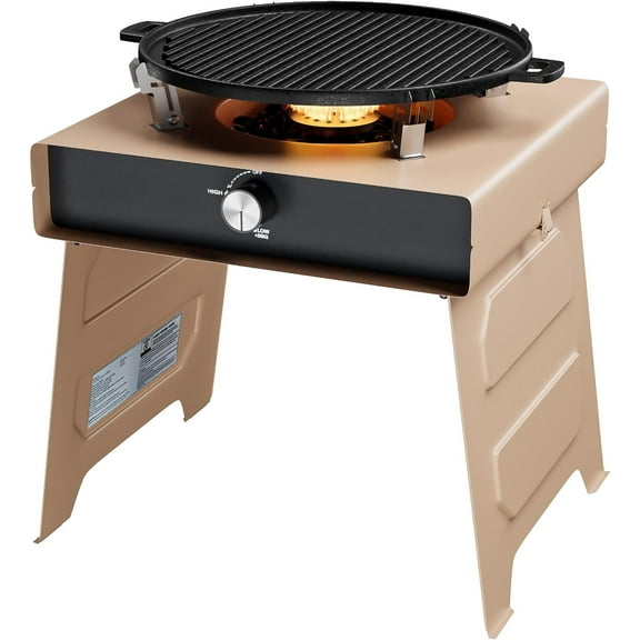SUNBURY Camping Stove Outdoor Propane Stove Foldable Portable Grill with Adjustable Burner Baking Tray, Small Table Fire Pit 10000BTUs for BBQ Emergency Cooking Hiking Apartment Balcony (Beige)