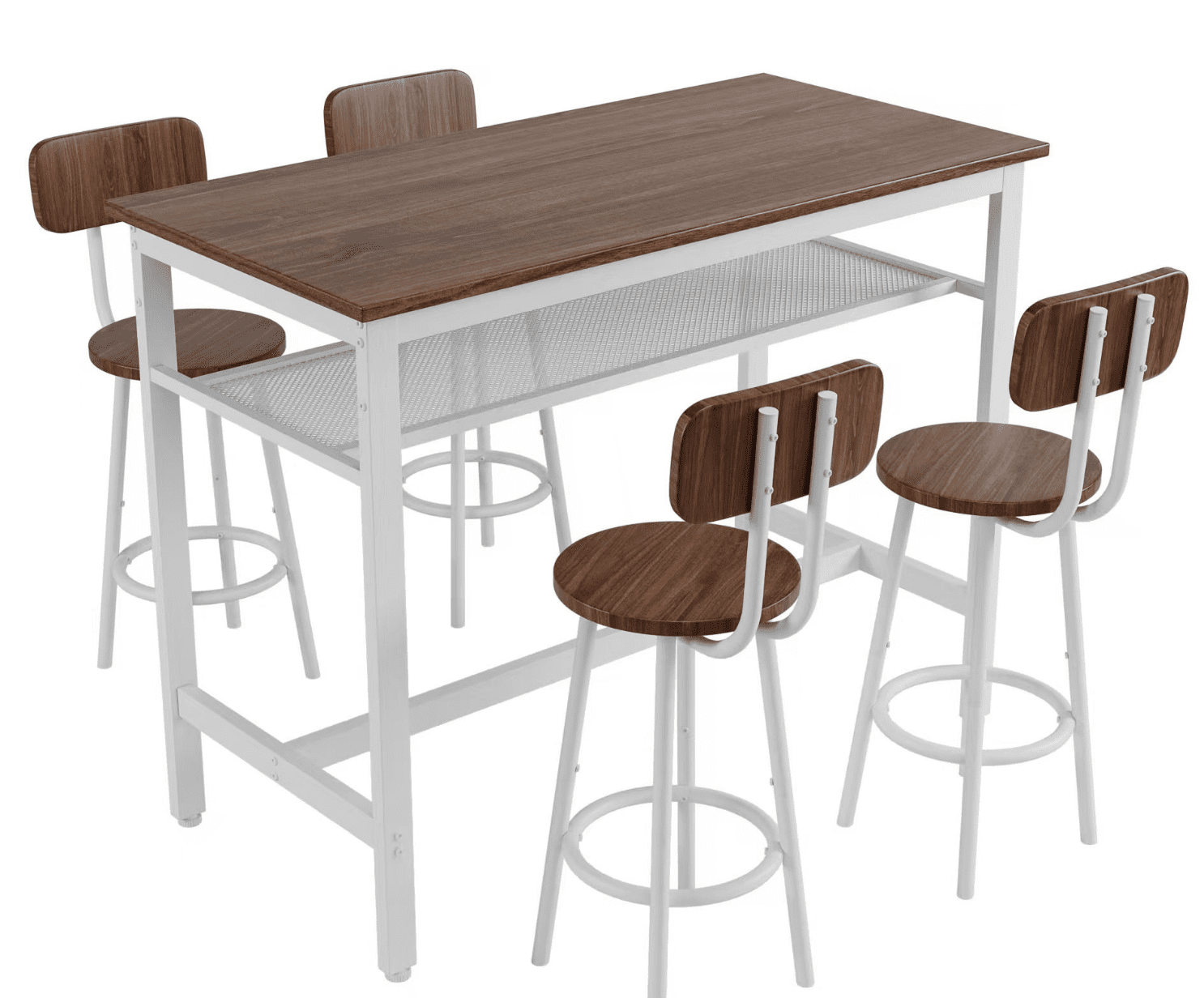 Aukfa 5-Piece Bar Table Set with Metal Shelf, Counter Height Dining Table & 4 Stools, Space-Saving Kitchen Pub Set for Small Spaces, Walnut - Industrial Style