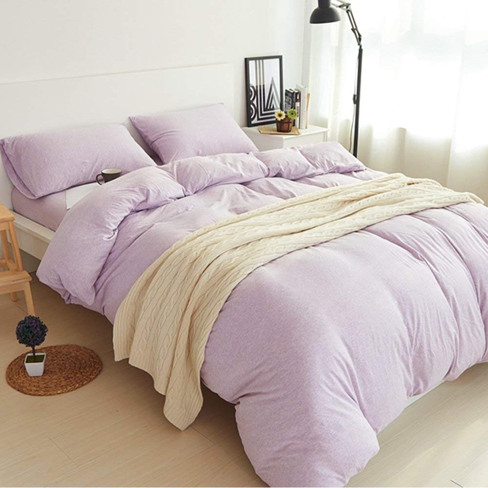 PURE ERA Duvet Cover Set - Ultra Soft Heather Jersey Knit Cotton Home Bedding Solid Light Purple 