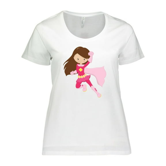 Inktastic Superhero Girl, Cute Girl, Brown Hair, Pink Cape Women's Plus Size T-Shirt