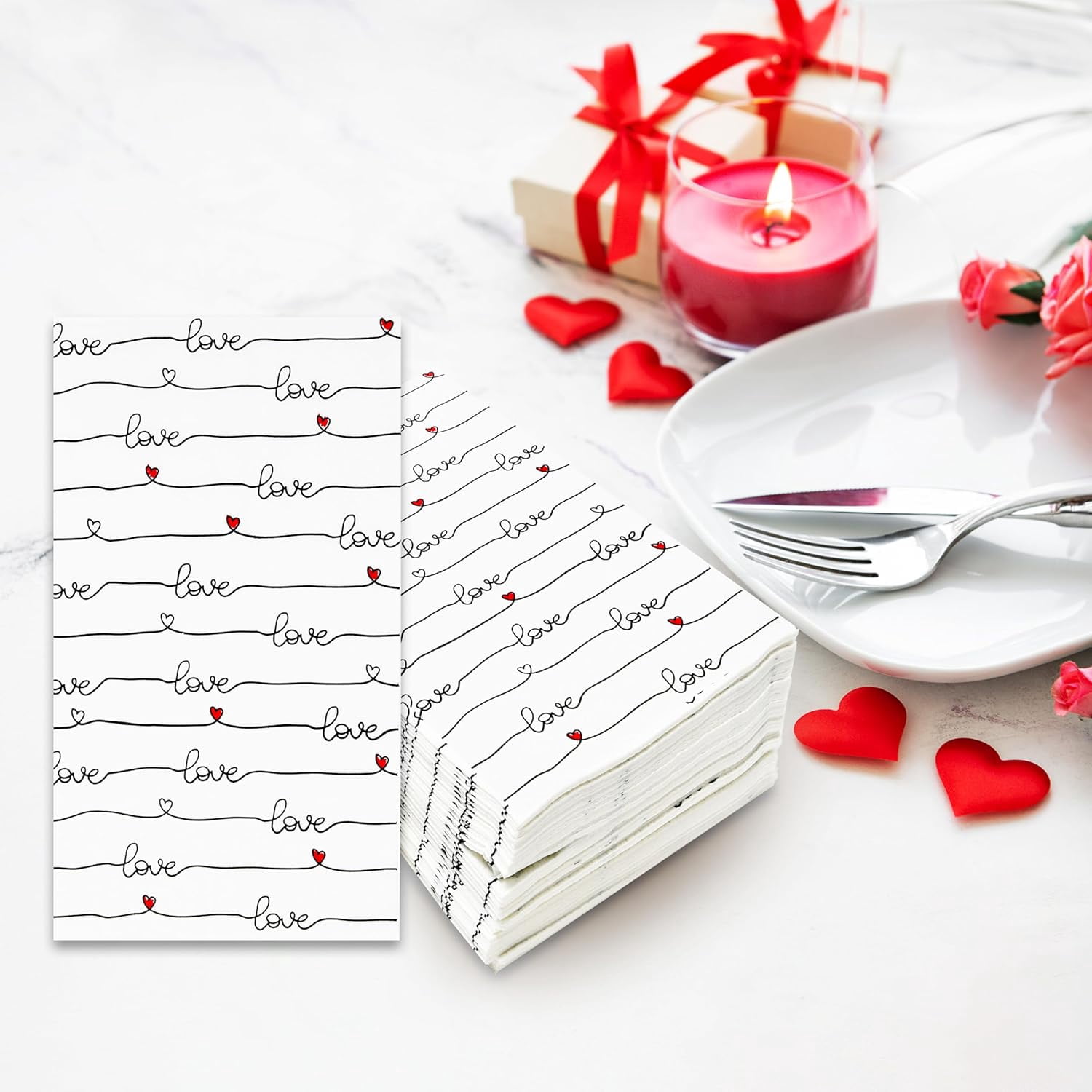 100 Count Valentines Day Love Heart Guest Napkins Disposable Paper Red Hearts Valentine Dinner Napkin for Valentine's Wedding Birthday Party Dinner Supplies