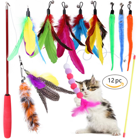 Cat Feather Toys , 2pc Retractable Cat Wand 12pc Replacement Teaser with Bells Refills Interactiverr Catcher Teaser for Kittens Kitty Play Chase Exercise