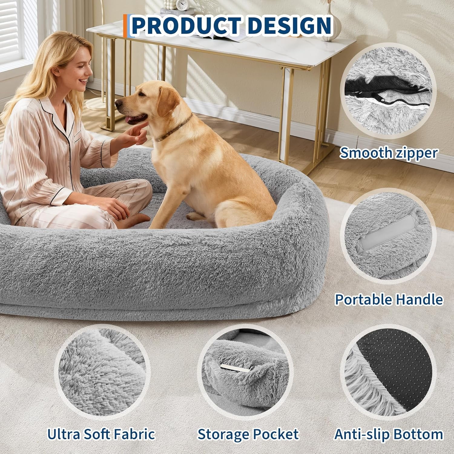 Acekid Human Dog Bed 67 Inch Adult Pets No Assembly Required Washable Fluffy Faux Fur Orthopedic Dog Bed Plump Pi