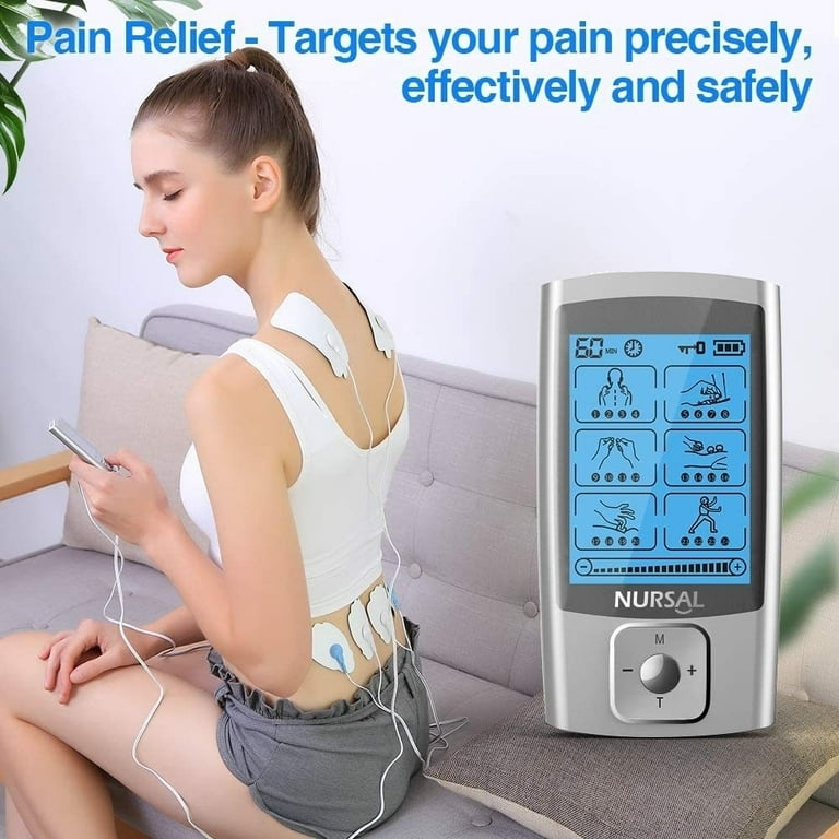 NURSAL 24 Modes Rechargeable Dual Channel TENS EMS Unit Muscle Stimulator  TENS Machine Pulse Massager with 12 Pcs Pads for Pain Relief Therapy 