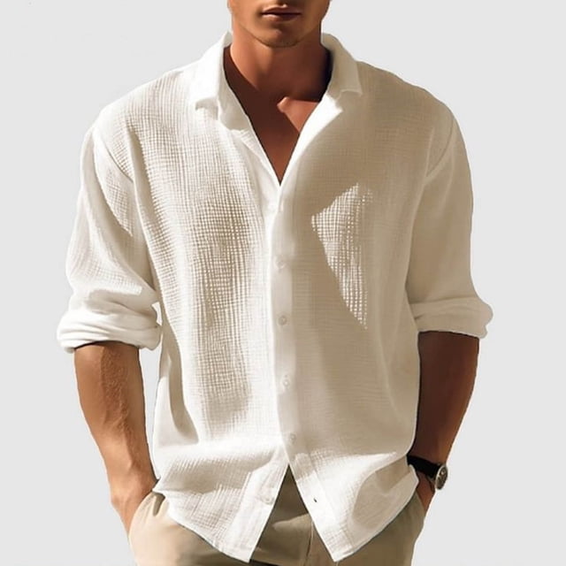 Blusa y camisa de manga larga con cuello vuelto para hombre, blusa holgada con botones y botones, color liso, tipo cárdigan, blusa de manga larga con cuello vuelto, blusa de poliéster para hombre