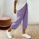 thumbnail image 5 of Capris de Lino para Mujer Casuales de Viaje con Cordón, Cintura Elástica, Pantalones de Largo 3/4, Lazo Lateral, Pierna Recta, Shorts con Bolsillos, Morados, L, 5 of 7