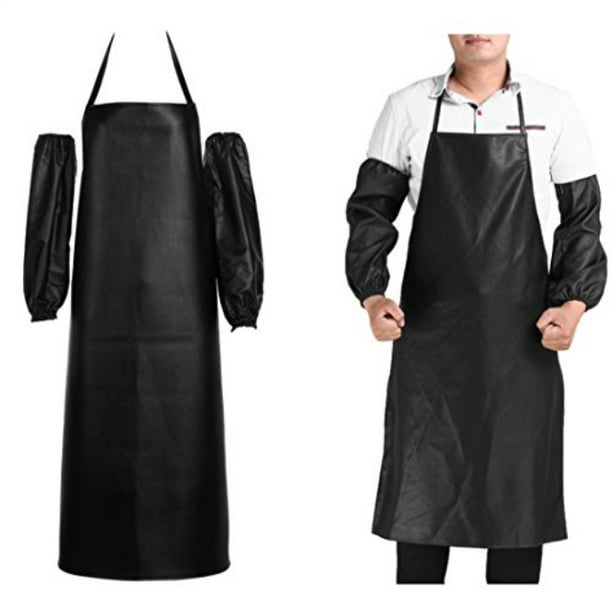 Heavy Duty Mens Waterproof Leather Work Aprons With Oversleeves Oil Proof Restaurant Cooking 