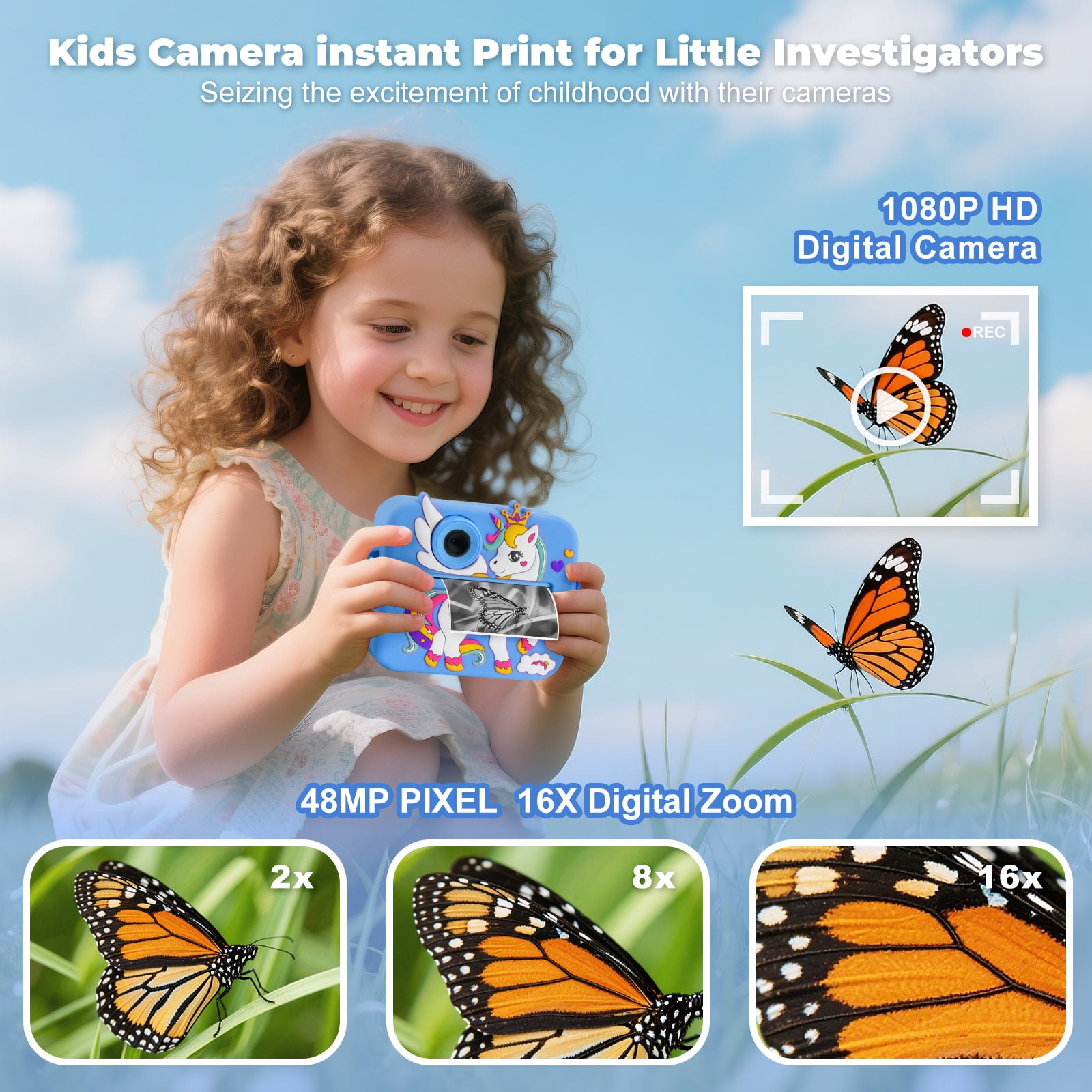 PayUSD Kids Camera Instant Print, Birthday Christmas Gifts for Girls Boys Age 3-12 1080P Digital Video Camera Print Photos Portable Toddler Toys for 4 5 6 7 8 9 10 Year Old with 32GB SD Card-Blue
