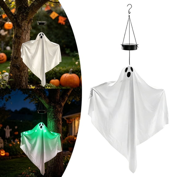 Solar Powered Hanging Ghosts for Halloween, 41 Inch Glowing Ghost Decor with Green Light, Outdoor Yard Garden Porch Decoration, Fall Party Indoor Home Display