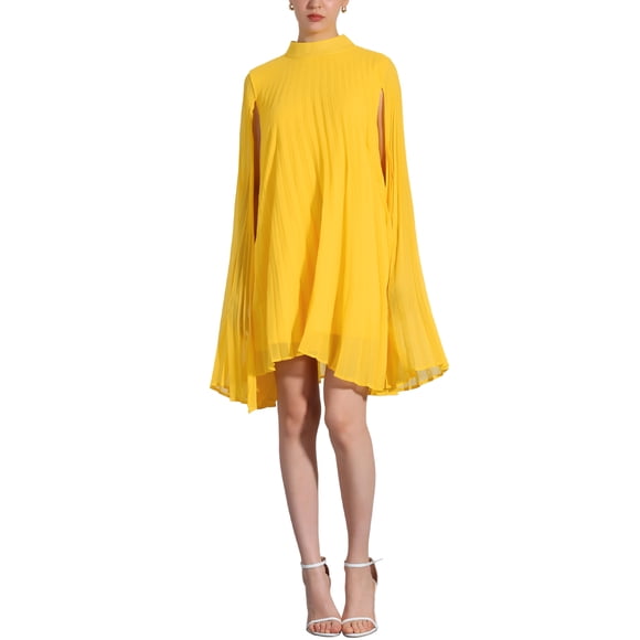 INSPIRE CHIC Chiffon Dresses for Women's Loose Flowy Cloak Sleeve Cape Pleated Dress M Yellow