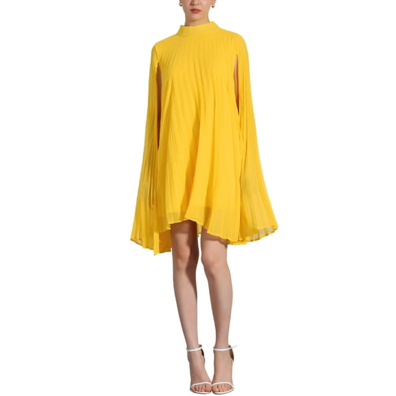 INSPIRE CHIC Chiffon Dresses for Women's Loose Flowy Cloak Sleeve Cape Pleated Dress M Yellow