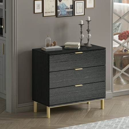 WIAWG 3 Drawer Wood Side Console Dresser End Table Cabinet Chest for Living Room Bedroom Black 31.1