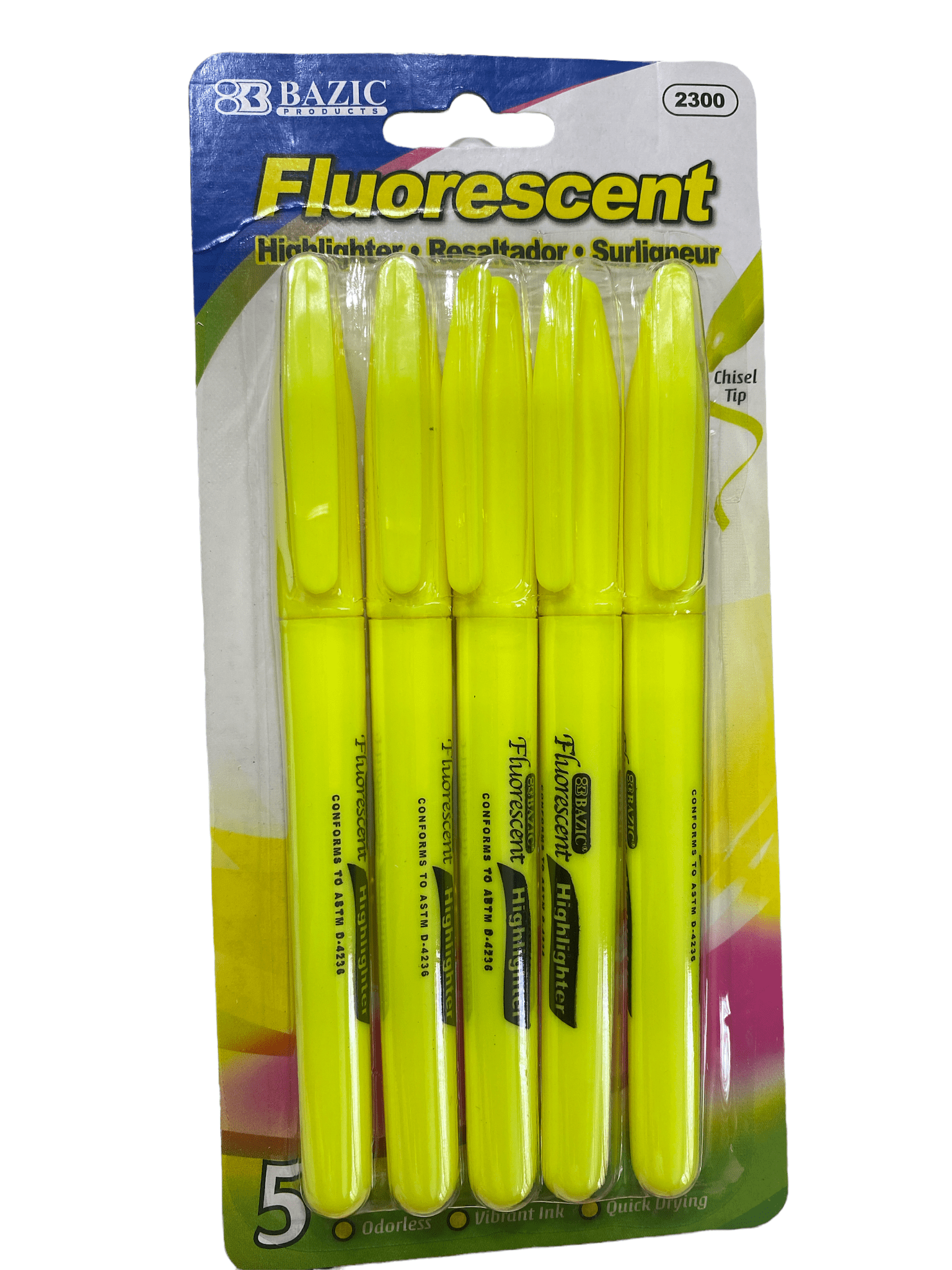 Bazic Fluorescent Highlighter resaltador surligneur Chisel Tip 5 pc