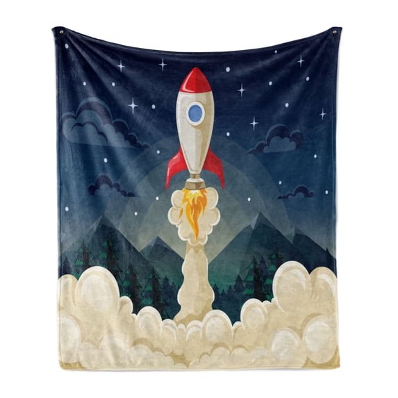Outer Space Soft Flannel Fleece Throw Blanket, Rocket Taking of to Explore the Universe Woodlands and Mountains in Backdrop, Cozy Plush for Indoor and Outdoor Use, 50" x 70", Multicolor, by Ambesonne