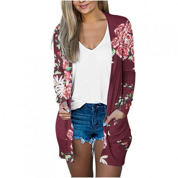 Womens Long Sleeve Cardigan Floral Printed Outerwear with Pockets Aumtumn Loose Casual Middle Coat