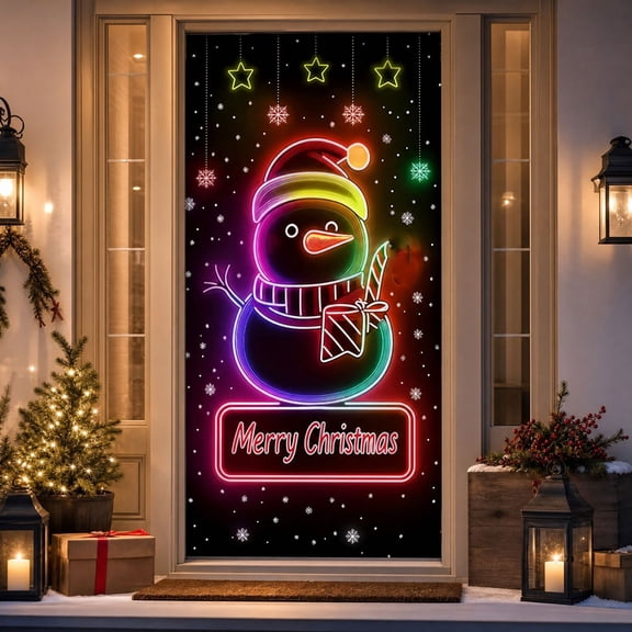 Christmas Door Curtain, Glow in the Dark Printed Door Cover with Santa and Snowman Designs, Hanging Holiday Decoration with Cord, 70.9 by 35.4 Inches - Merry Christmas Sign