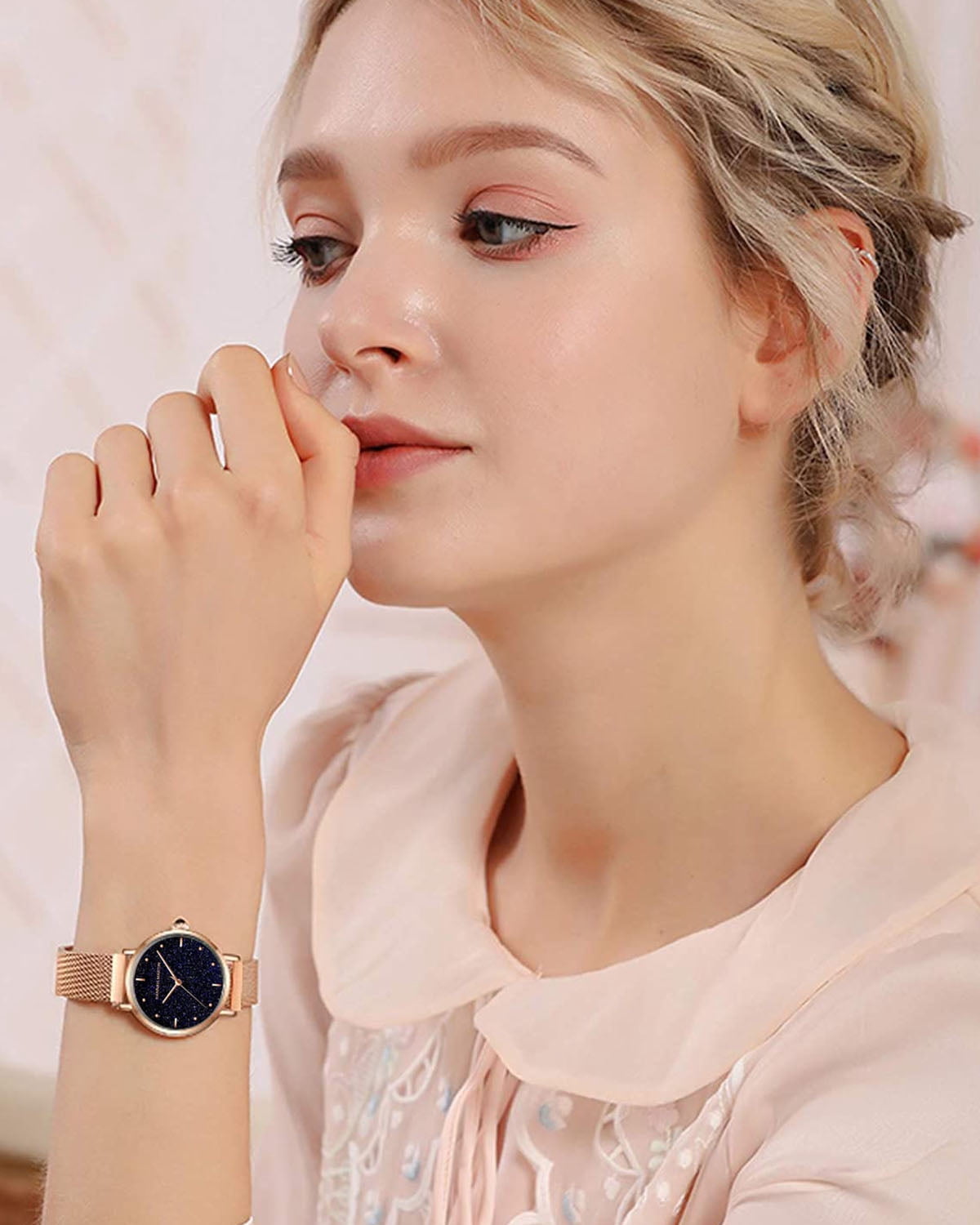 Watches for Women Fashion Quartz Starry Sky Analog Dress Wristwatch Waterproof Stainless Steel Rose Gold Mesh Band Watch