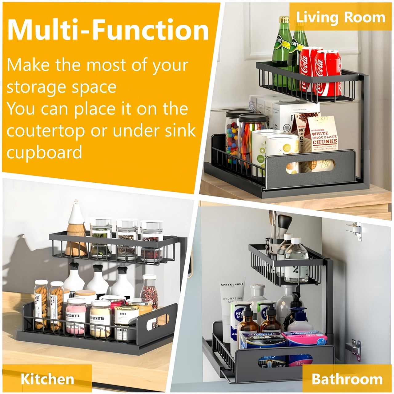Under Sink Organizers Storage, 2 Tier Under Cabinet Organizer Shelf, Pull Out Kitchen Bathroom Sink Organizer Storage Organization, 2 Pack