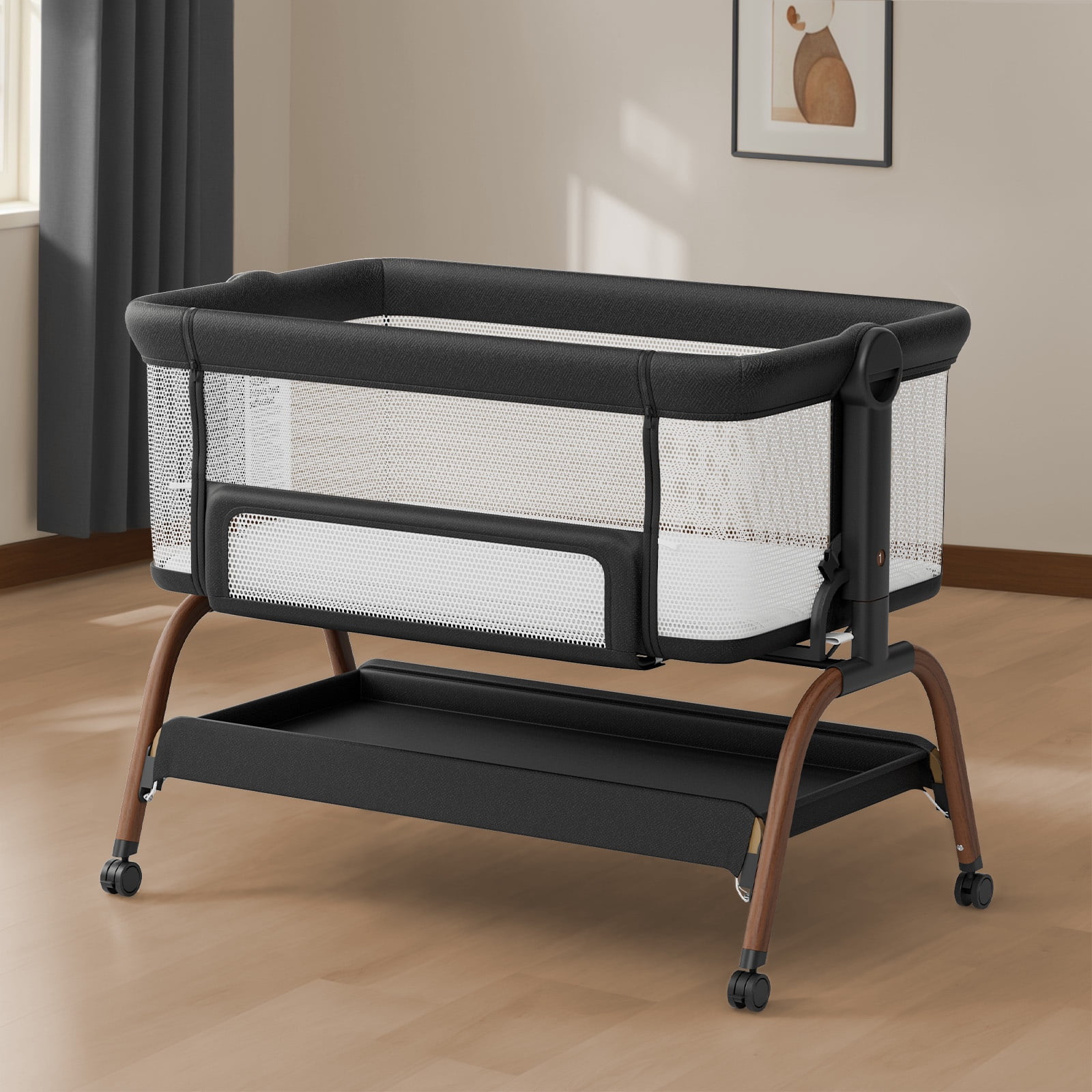 BabyBond Bassinet Bedside Crib, 3-in-1 Baby Bassinet Bedside Sleeper with Mattress and Soft, Breathable Sheet, Full-Mesh Sides, 6-Height Adjustable, Stable and Secure Crib for Newborns,Black