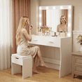 thumbnail image 2 of Furmax Makeup Vanity Table Set with Lights and Mirror Vanity Desk with Drawer and Chair, White, 2 of 7