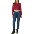 thumbnail image 3 of MODA NOVA Juniors Classic Long Sleeves Single Breasted Cropped Denim Jacket Burgundy S, 3 of 7