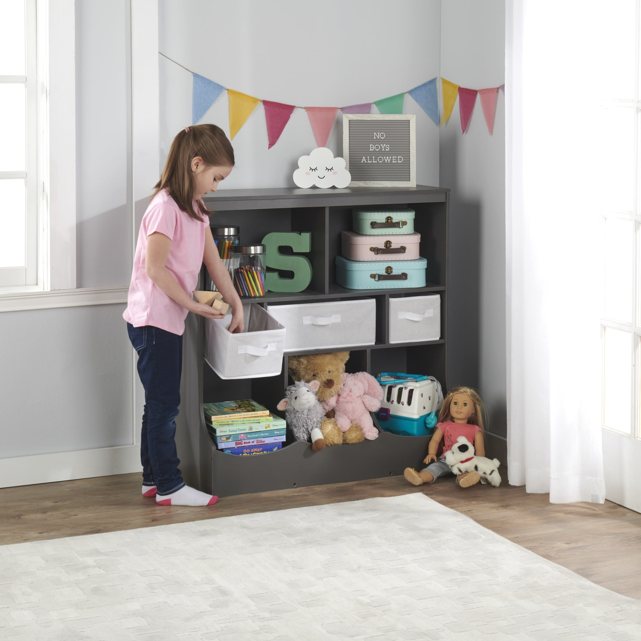 Badger Basket Combo Bin Wood Toy Storage Organizer with Three Baskets 8.6 Cu ft. - Charcoal