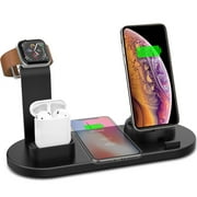 Wireless Charger 4 in 1 Charging Station QI Fast Charger Compatible with Apple Watch Series and Airpods, Wireless Charging Stand for iPhone Black