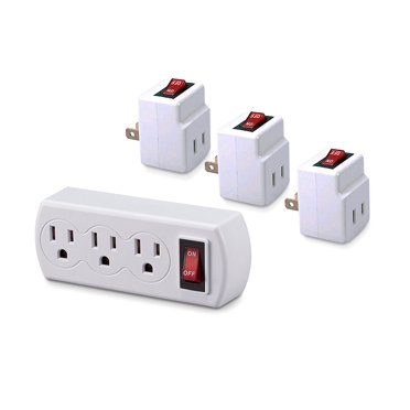 Grounded Triple Plug Outlet Adapter With On/Off Switch – Wall Mount, White, 15A, ETL Listed, Fast Ship USA