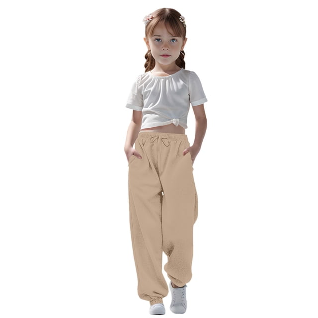 WENXIAOO Toddler Sweatpants Drawstring Sweatpants With Pockets Solid Color Khaki Sweat Pants For Girls Kids Spring Fall Sweatpants Size 3-4T
