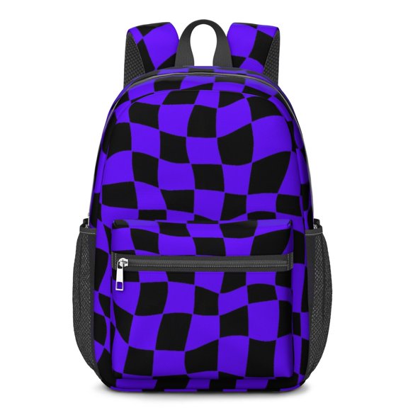 Purple and Black Wavy Checkered Pattern 17" School Backpacks for Teens,Waterproof Oxford Fabric,S-Shape Padded Straps for School,Travel,Hiking,Camping