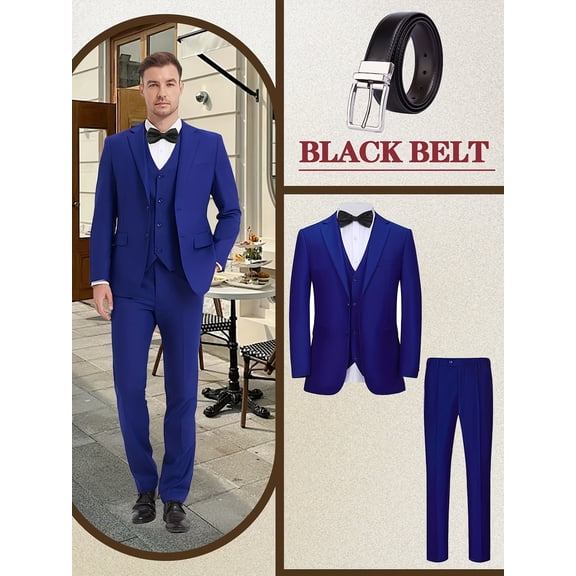 Beauty-Emily Men's 4-Piece Classic Business Suit Set, Blazer, Vest, Pants, Belt, for Wedding, Business, Party, Banquet, Formal Events, Graduation, Special Occasions
