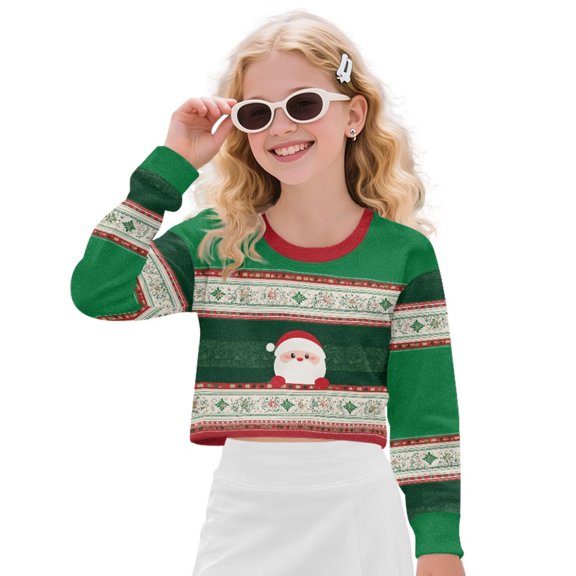 DISNIMO Santa Claus Print Girls Crop Tops Crew Neck Cropped Sweatshirt Fashion Loose Pullover Tops Soft Casual Girls Crop Tops Clothes