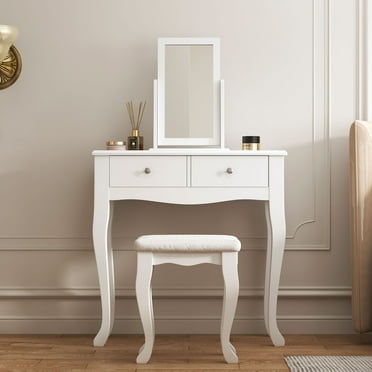 Soges Vanity Set Dressing Table with Rotating Rectangle Mirror and 2 Drawers, Wood Makeup Table with Stool, Modern White