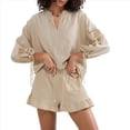 thumbnail image 2 of Conjunto de Dos Piezas para Mujer: Top de Larga con Lazo y Bóxer con Volantes Conjunto Informal A Juego Caqui L, 2 of 9