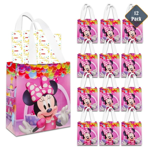 Minnie Mouse Party Favor Bag Set – 12 Pack of 8" Minnie Mouse Party Goodie Bags for Kids Bulk Reusable Mini Totes | Disney Birthday Party Supplies