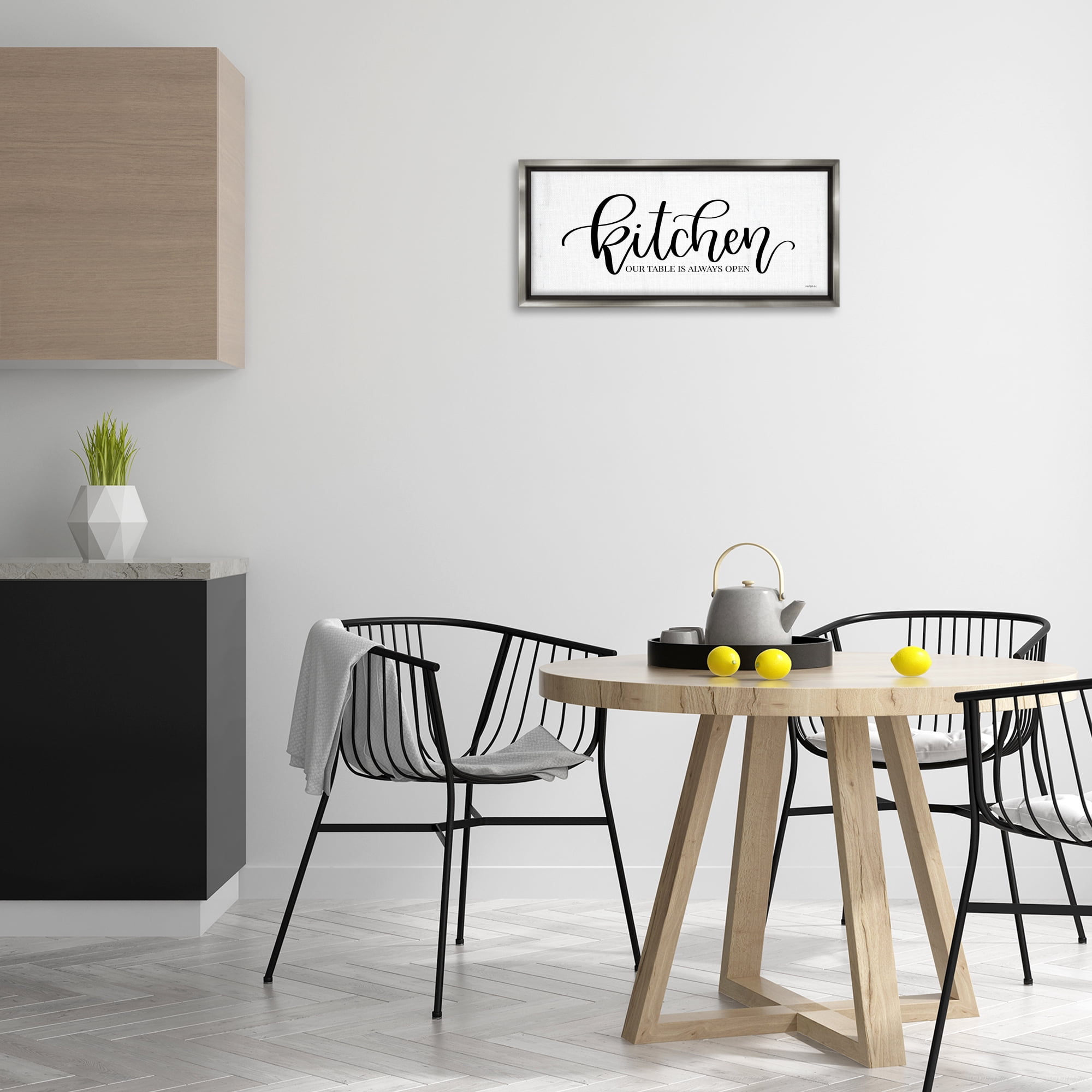 Stupell Industries Kitchen Always Open Typography Painting Gray Floater Framed Art Print Wall Art, 25 x 11