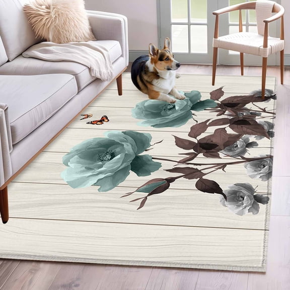 Teal Blue Floral Area Rug 3x5 Washable Rug Non Slip Vintage Rustic Botanical Beige Wooden Large Area Rug Indoor Floor Carpet for Entryway Bedroom Kitchen Living Room Home Office Dining Room Nursery