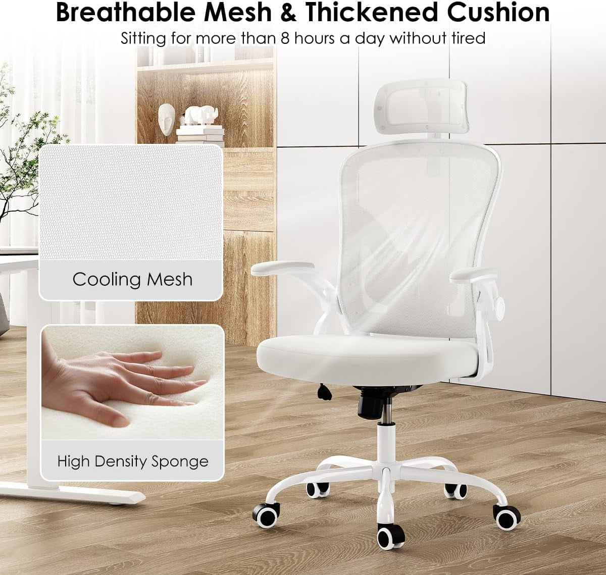 STARY Ergonomic Mesh Office Chair with Headrest, Tall Reclining Computer Chair with Adjustable Lumbar Support and Adjustable Arms for Home Office, White & White