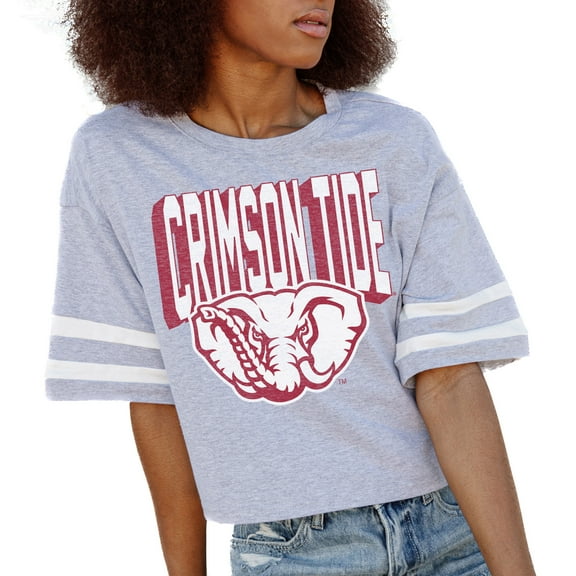 Women's Gameday Couture Gray Alabama Crimson Tide No Shortcuts Drop Shoulder Sleeve Stripe Cropped T-Shirt