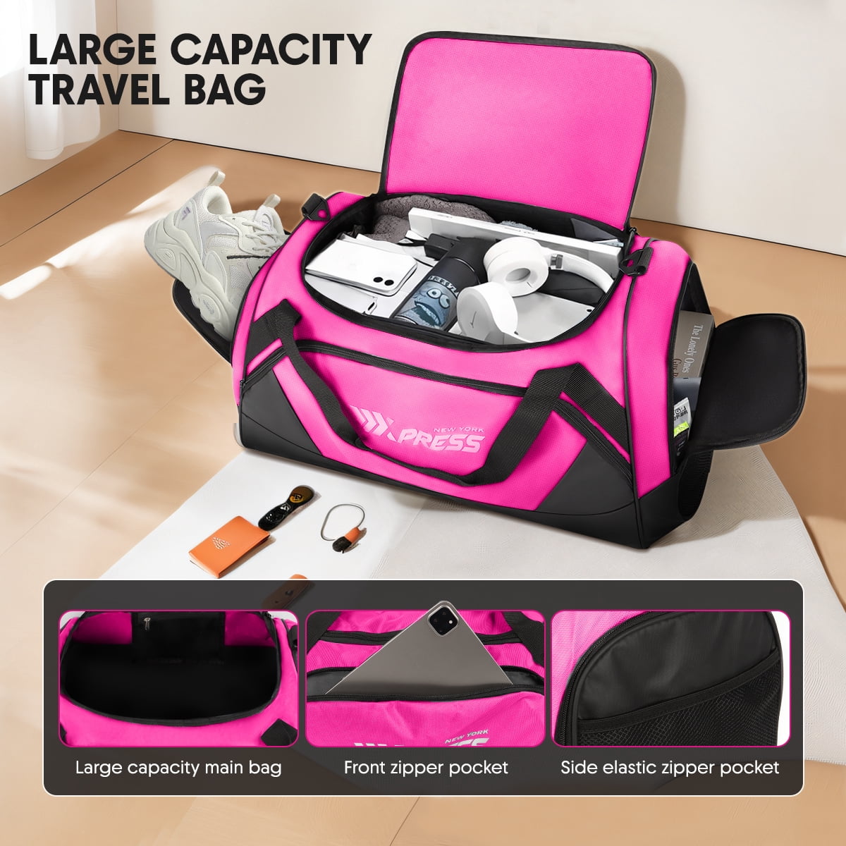 28" Travel Duffle Bag with Shoe Compartment, 75L Large Overnight Bag for Gym Sport Travel,Pink - LX238