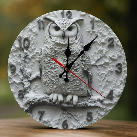 Wall Clock Decorative - White Owl on Tree Print 2D Vintage Wall Clocks Battery Operated Silent Non-Ticking for Bedroom, Living Room, Kitchen, Office, Classroom, 10 Inch