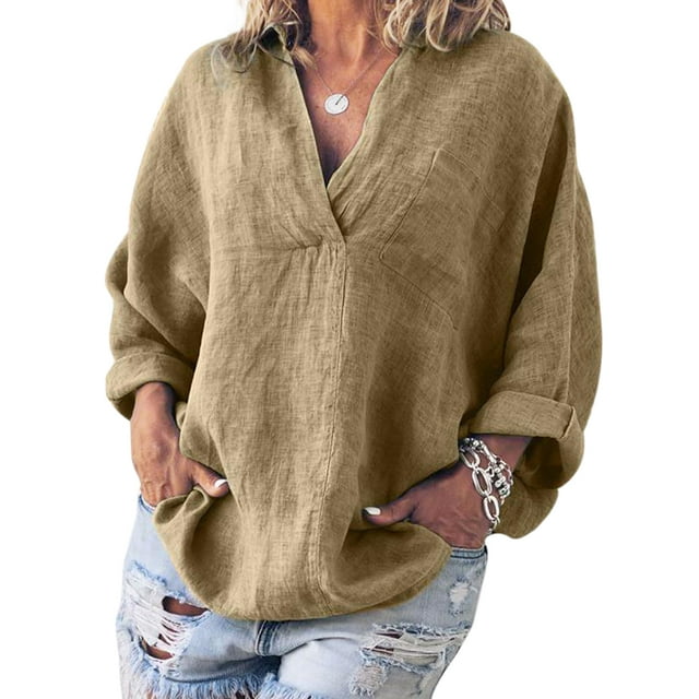 MAWCLOS Women Blouse V Neck Shirts Long Sleeve Tops Loose Beach Solid Color Pullover Khaki XXL