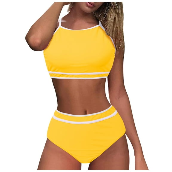 Huowey 2PCS Swimsuit For Women Tops High Waisted Bikini Sets Sporty Color Block Bathing Suit Brazilian Beachwear Honeymoon Cruise Trendy Wear