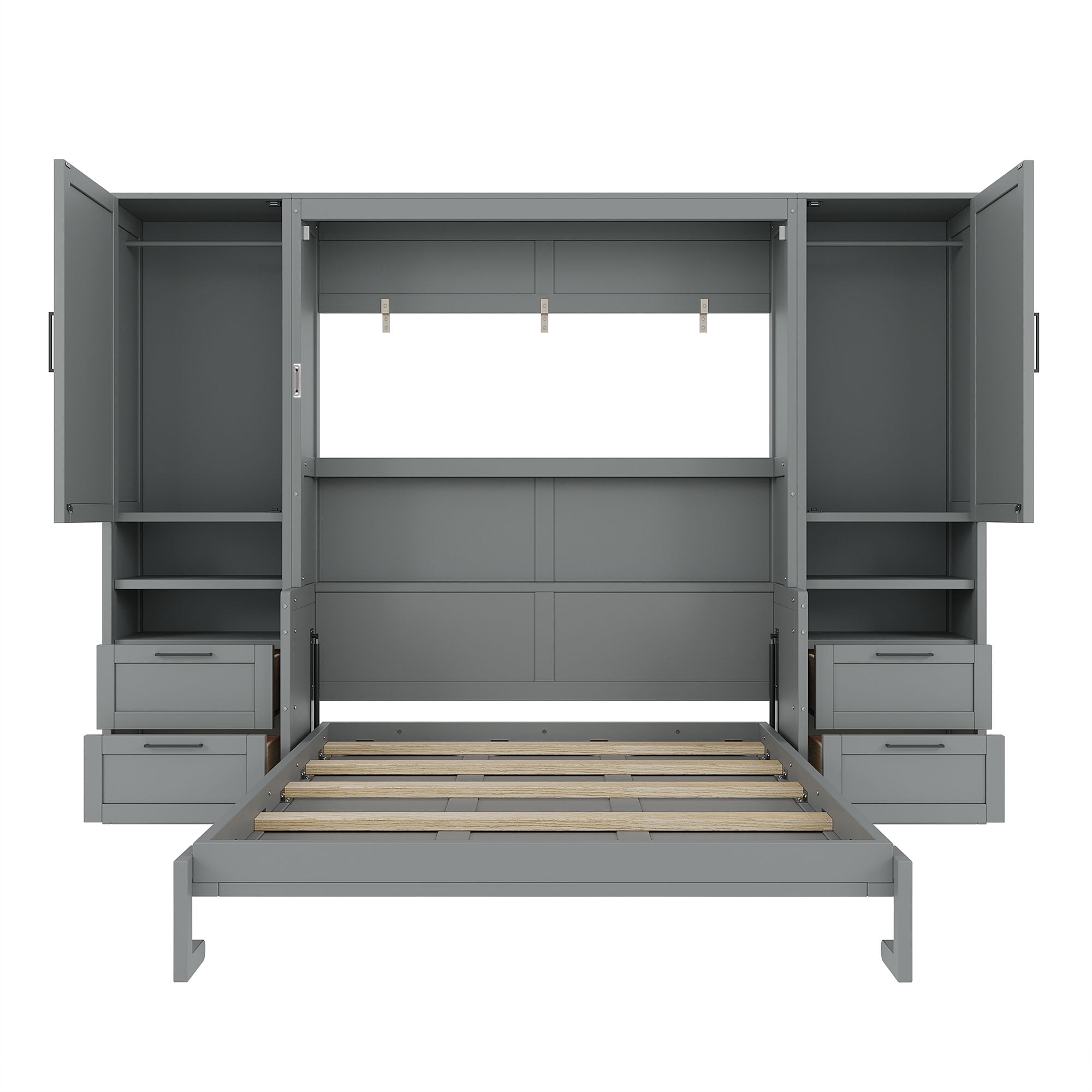 Queen Size Murphy Bed with 2 Closet, 4 Drawers and Open Shelves for Small Space, Guest Room