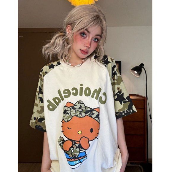 Kawaii Sanrio Hello Kitty Y2k T-shirt Patchwork Camouflage Raglan Short-sleeved Top Japan Style Loose Cotton Tees Women Clothing