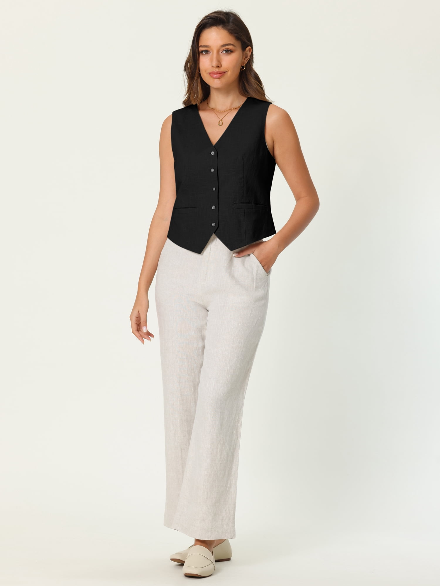 DARING DIVA Women's Linen Vest Button Down V Neck Business Waistcoat XL Black
