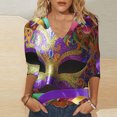 thumbnail image 2 of miqiqism Carvinal T-Shirt for Women Fashion Mask Print Blouses Three-quarter Sleeves Shirts V Neck Tunic Costome 2025 Mardi Gras Day Party,01 Multicolor,Large, 2 of 4