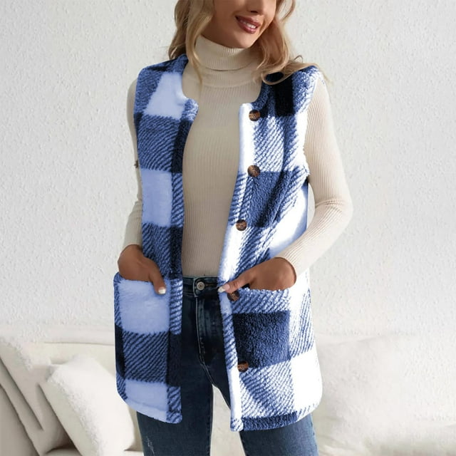 NJDVHB Womens Winter Casual Tops ,Women'S Winter Checkered Pocket Color-Blocked Button Jacket Top