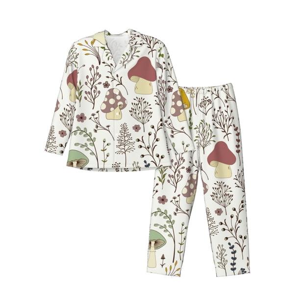 Balery Colorful Mushrooms and Plants Pijama para Hombre de Dos Piezas con Manga Larga, Conjunto de Dormir y Descanso Suave con Bolsillos-Small