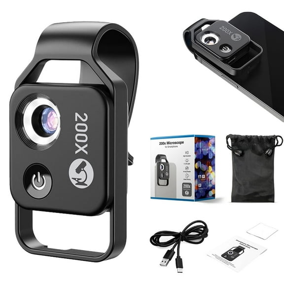 XZAMB 200x Magnification Zoom, 2024 New Pocket HD Phone Microscopes with LED Light Cell Phone Lens Attachments, Portable Microscopic Lens for Cell Smartphone (Black)